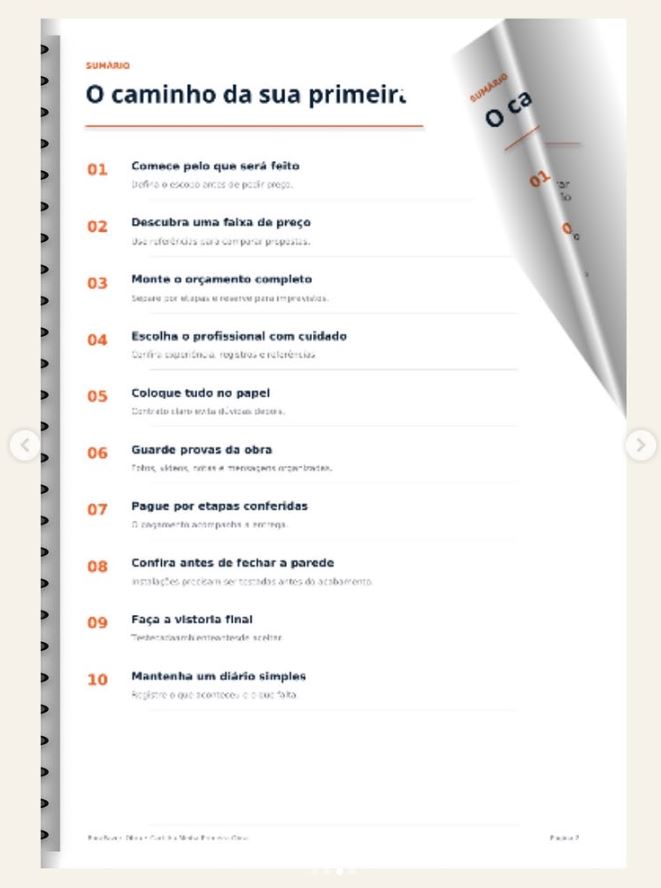 Página da Cartilha Minha Primeira Obra com checklist de acompanhamento e pagamentos